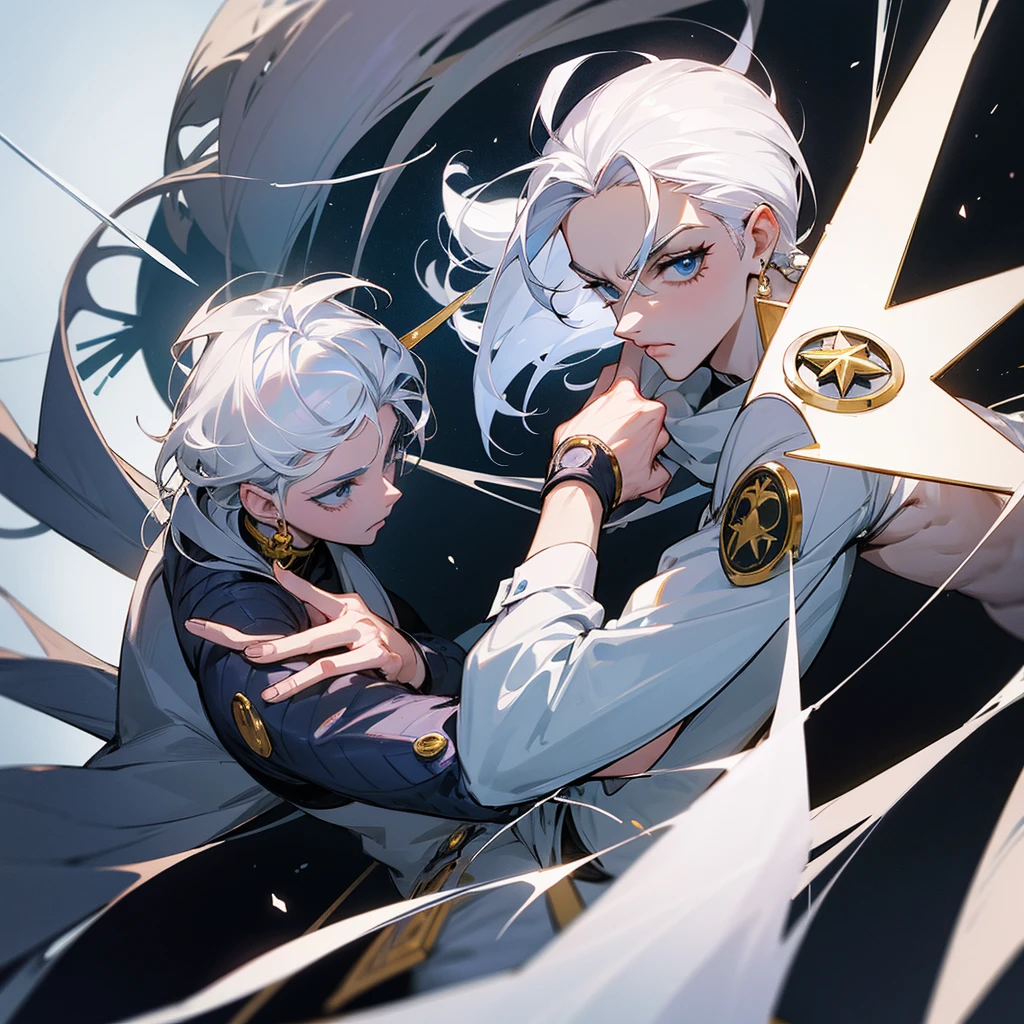 Create an image of a Jojo stand that looks like the Platinum star but with white hair and a clock hand design