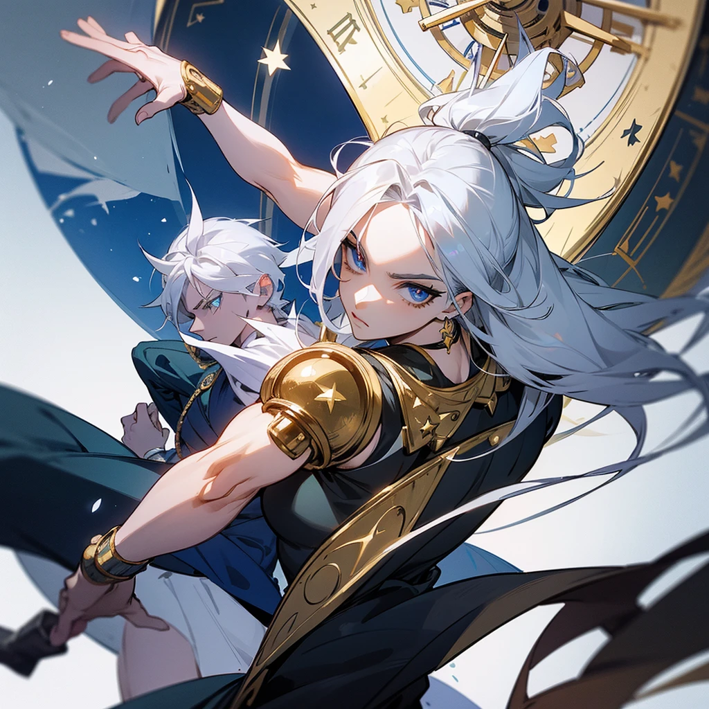 Create an image of a Jojo stand that looks like the Platinum star but with white hair and a clock hand design