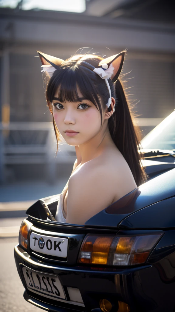 Masterpiece, 4k, Bokeh, beautiful face, (Cat ears:1.3), Beautiful girl standing , car, TOYOTA SPRINTER trueno,
AE86, Trueno