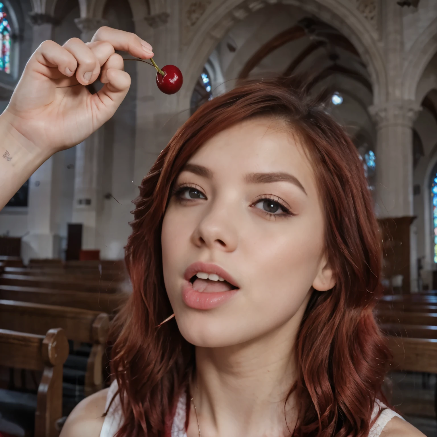 red-haired girl sucks on a cherry:1.7, in a church, looking to camera, grey eyes, eye detailes, opend mouth.