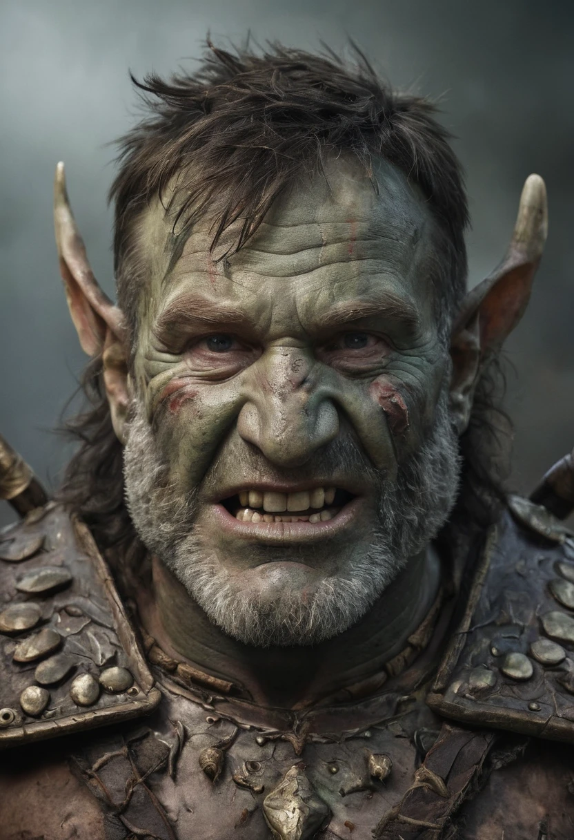 A striking photograph portraying Mork (Robin Williams) transformed into an orc warrior, blending whimsy with fantasy in the style of the imaginative compositions by Boris Vallejo. Monstrous visage, menacing tusks, fierce expression, tribal markings, rugged armor, battle scars, towering stature, primal energy, wilderness backdrop, dramatic lighting, intense gaze, savage demeanor, fantastical realism, dynamic composition, mythical creature, imaginative transformation, epic adventure, immersive storytelling, otherworldly allure.