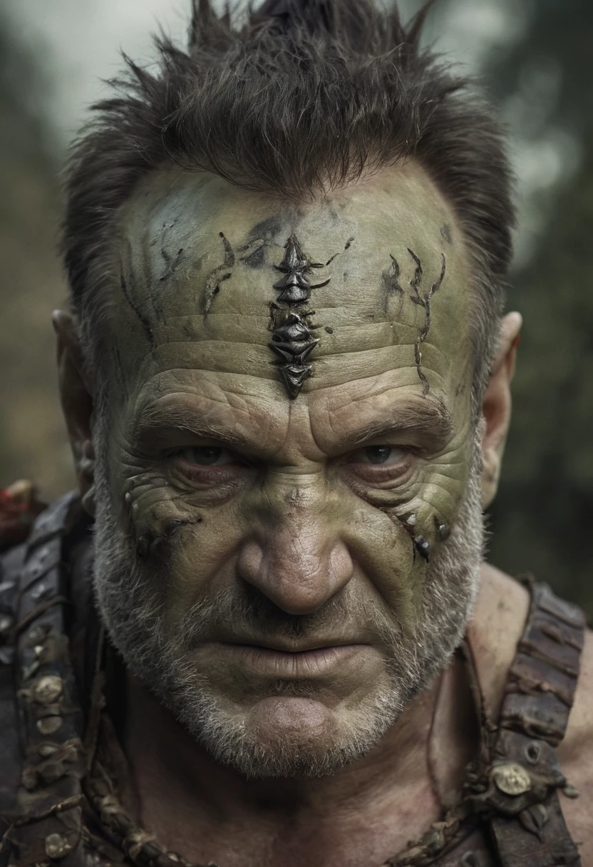 A striking photograph portraying Mork (Robin Williams) transformed into an orc warrior, blending whimsy with fantasy in the style of the imaginative compositions by Boris Vallejo. Monstrous visage, menacing tusks, fierce expression, tribal markings, rugged armor, battle scars, towering stature, primal energy, wilderness backdrop, dramatic lighting, intense gaze, savage demeanor, fantastical realism, dynamic composition, mythical creature, imaginative transformation, epic adventure, immersive storytelling, otherworldly allure.