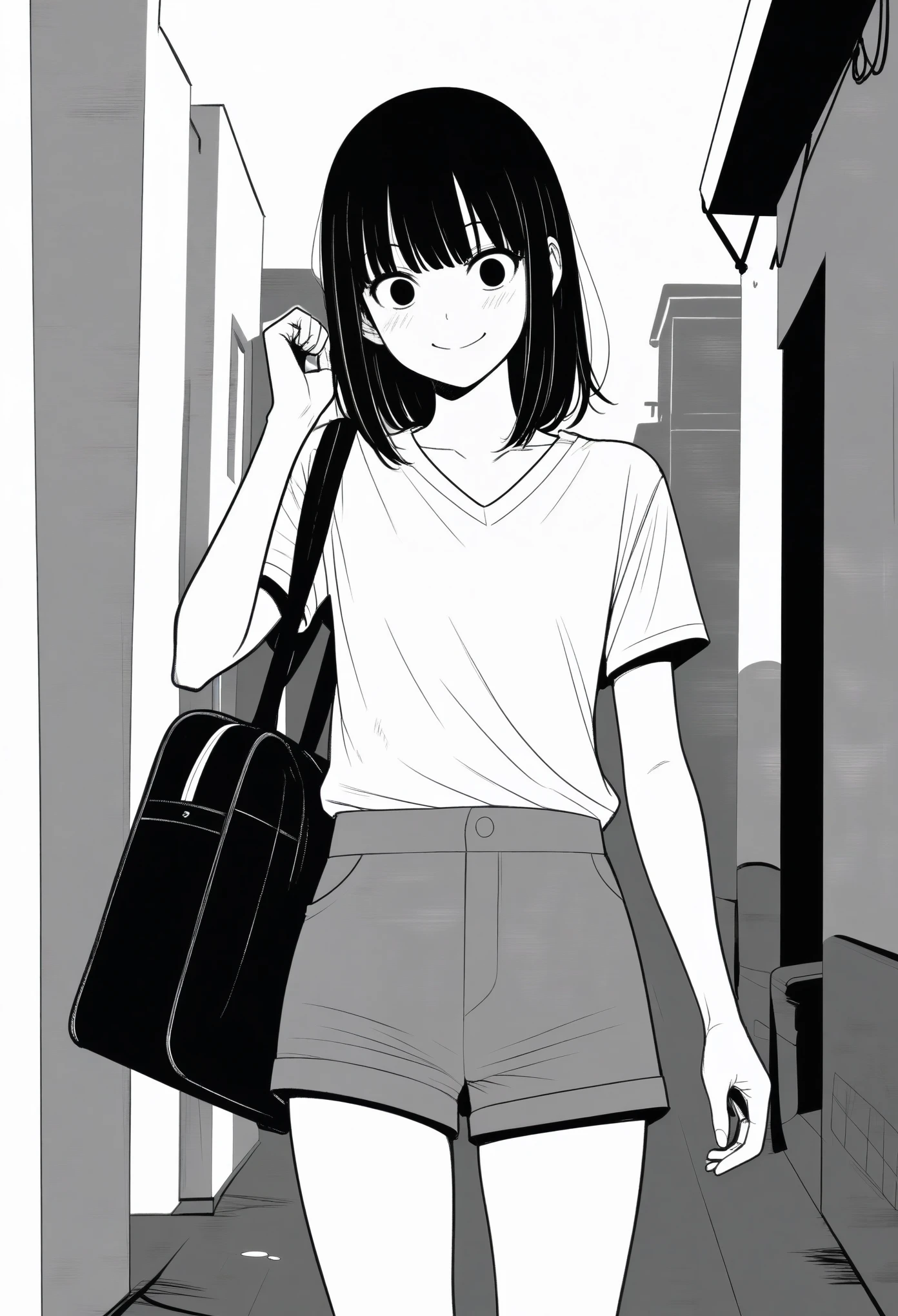 masterpiece, best quality, 1girl, mamerakkkkko, grayscale, manga style, japanese, chi no wadachi, black eyes, street, iced, black hair, schoolbag, smile, lineart, white background, white shirt, grey shorts,