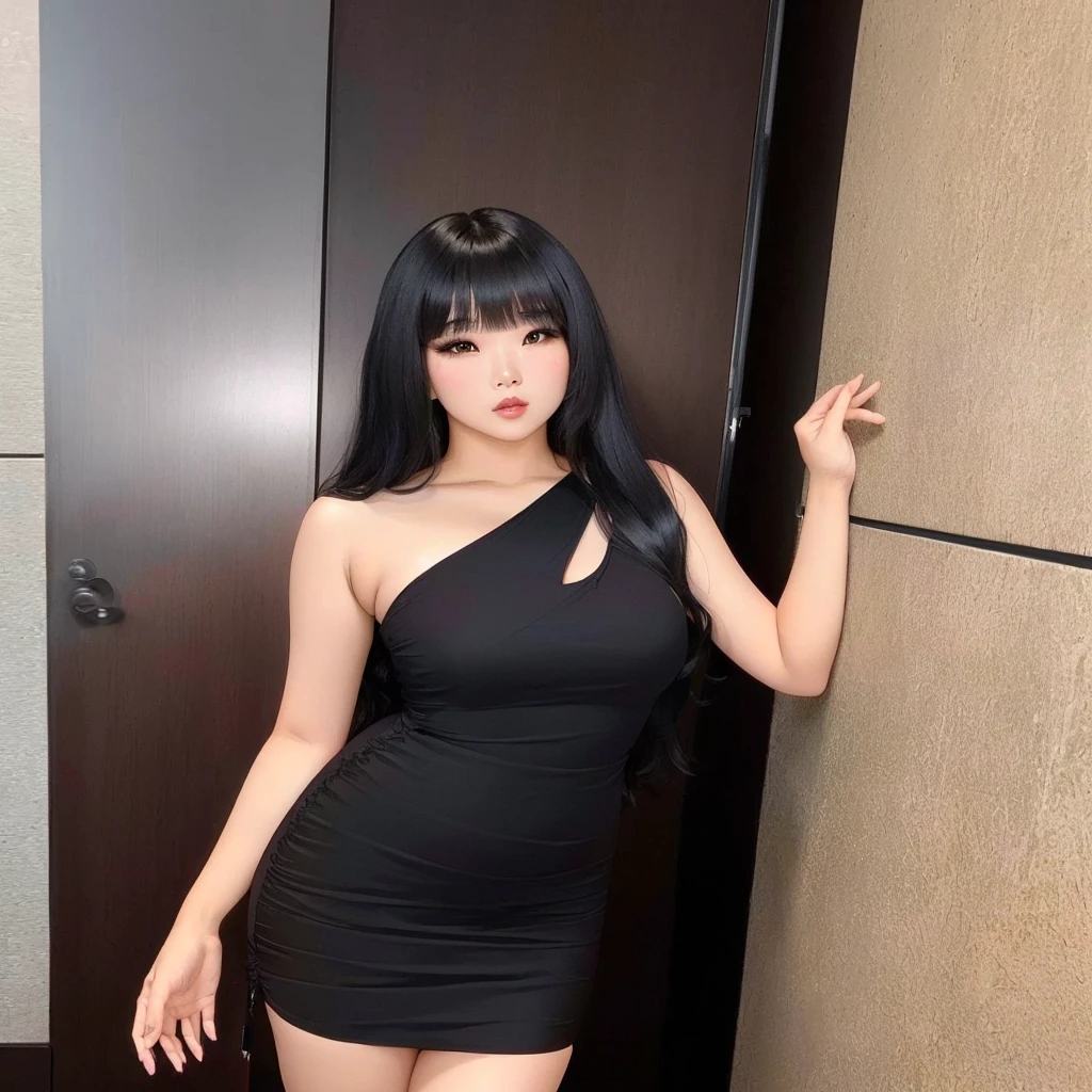 Araffe Asian woman in a black dress posing for a photo, lalisa manobal, sha xi, ela tem cabelo preto com franja, foto de garota magra model, Xisionwu, foto de garota magra, she is wearing a black dress, 18 anos de idade, jia, Xintong Chen, vestido sexy,  coreana, xianxia de corpo inteiro