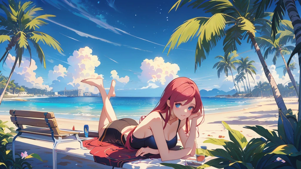 anime girl laying on the beach with palm trees and a bench, miss fortune league of legends, miss fortune, rhads and lois van baarle, lois van baarle and rossdraws, artgerm and lois van baarle, beautiful digital artwork, beaching, extremely detailed artgerm, deviantart artstation cgscosiety, anime background art, amazing wallpaper, background art, hd wallpaper, relaxing concept art, beautiful wallpaper, high quality desktop wallpaper, background artwork, pc wallpaper, anime background, wallpaper hd, 8K image quality, Masterpiece