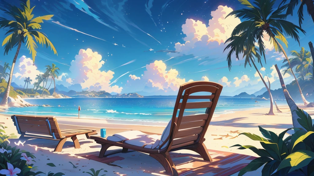 anime girl laying on the beach with palm trees and a bench, miss fortune league of legends, miss fortune, rhads and lois van baarle, lois van baarle and rossdraws, artgerm and lois van baarle, beautiful digital artwork, beaching, extremely detailed artgerm, deviantart artstation cgscosiety, anime background art, amazing wallpaper, background art, hd wallpaper, relaxing concept art, beautiful wallpaper, high quality desktop wallpaper, background artwork, pc wallpaper, anime background, wallpaper hd, 8K image quality, Masterpiece