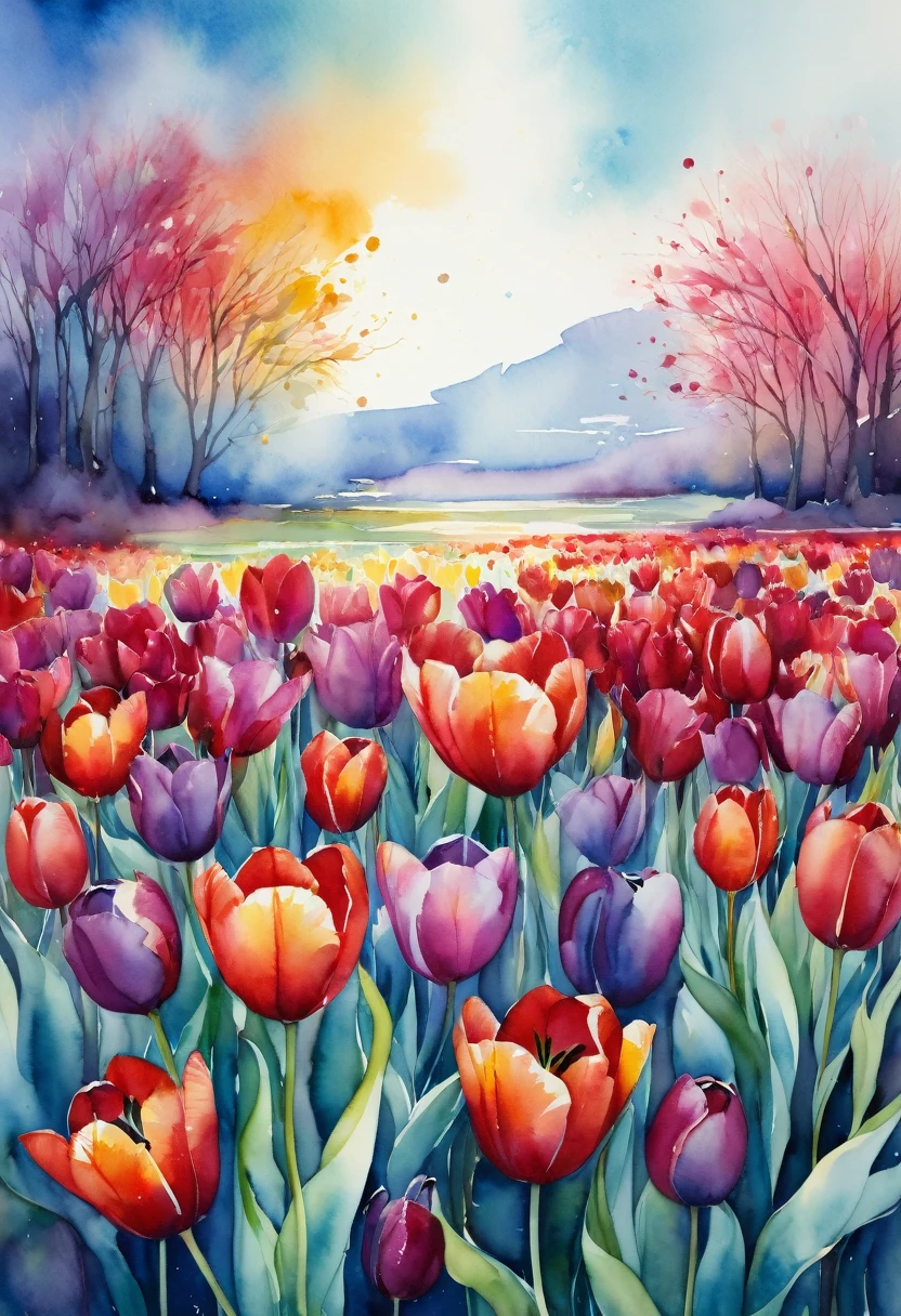 A captivating cinematic watercolor painting by artist Paola Salomé, featuring a vibrant explosion of colorful tulips. The flowers are depicted in a variety of hues, from deep reds to soft pastels, with an emphasis on their lush petals. The background is a dreamy, atmospheric blend of soft blues and purples, evoking a sense of serenity and wonder. The overall composition is rich and immersive, inviting the viewer to step into this conceptual garden of delightful hues., vibrant, cinematic, conceptual art