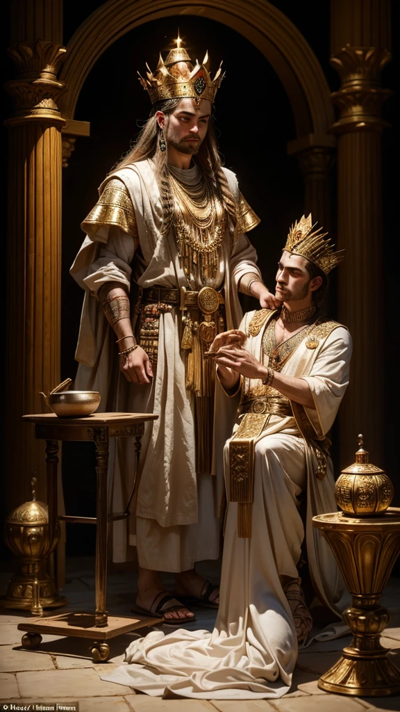 A Sumerian god, dressed in elaborate robes and a crown, glows as he hands a wooden wheel to a Sumerian man, who is kneeling. The man wears simple clothes and looks with admiration at the god. Ao redor, a clay workshop with ancient tools and ceramic pots. The background is a clay wall, iluminada por uma luz suave.