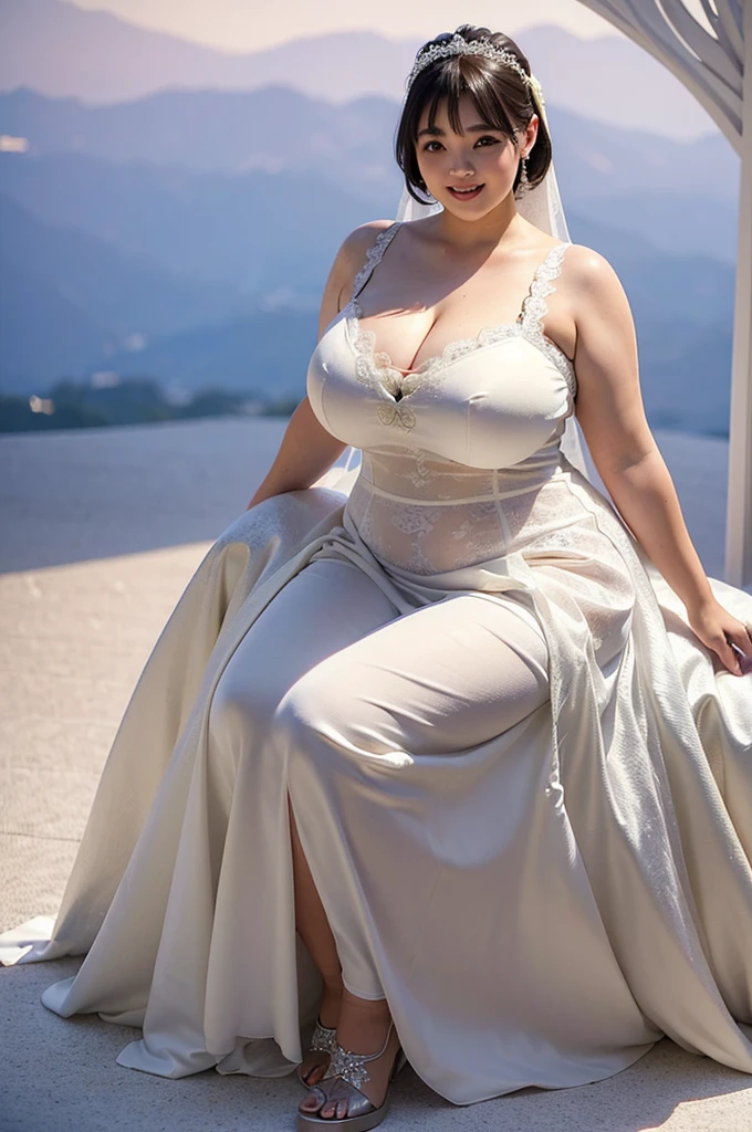 (8k, ultra-high resolution, highest quality, masterpiece:1.2), ultra-realistic, (realistic, photorealistic:1.37), (realistic skin:1.2), ultra-detailed, Canon EOS RP, 8k, Korean mature woman, smiling, (super obese:1.2), (((super curvy,))) ((super voluptuous,)) adult model, ((full body shot:1.4)), thick ankles, (short hair), (wedding dress:1.5), (wedding venue), (wedding ceremony),