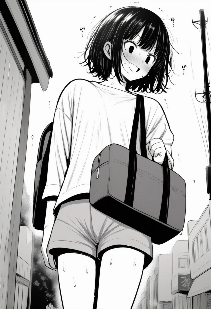 masterpiece, best quality, 1girl, mamerakkkkko, grayscale, manga style, japanese, chi no wadachi, black eyes, street, iced, black hair, schoolbag, smile, lineart, white background, white shirt, grey shorts,