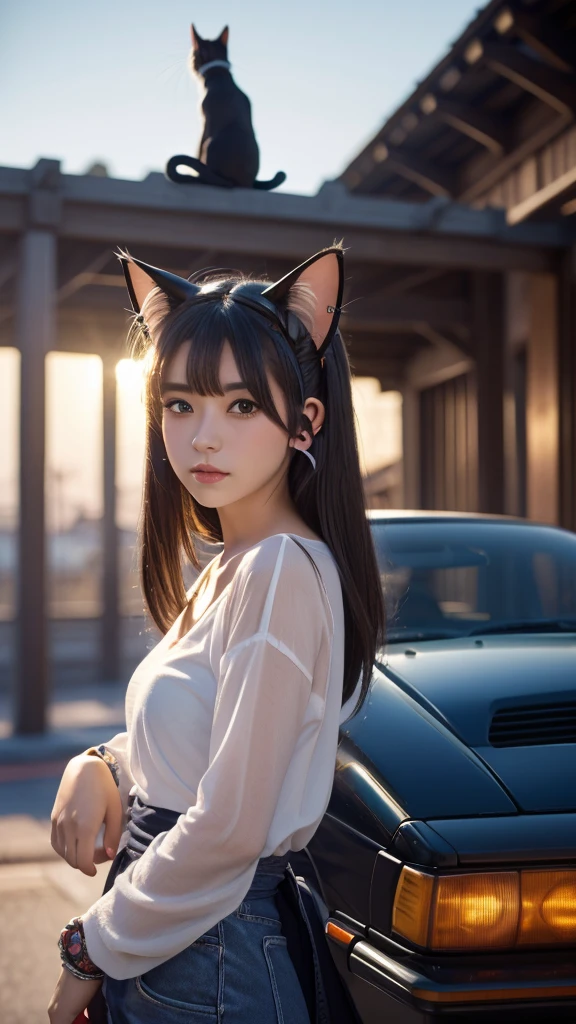 Masterpiece, 4k, Bokeh, beautiful face, (Cat ears:1.3), Beautiful girl standing、 a car, TOYOTA SPRINTER trueno,
AE86, Trueno