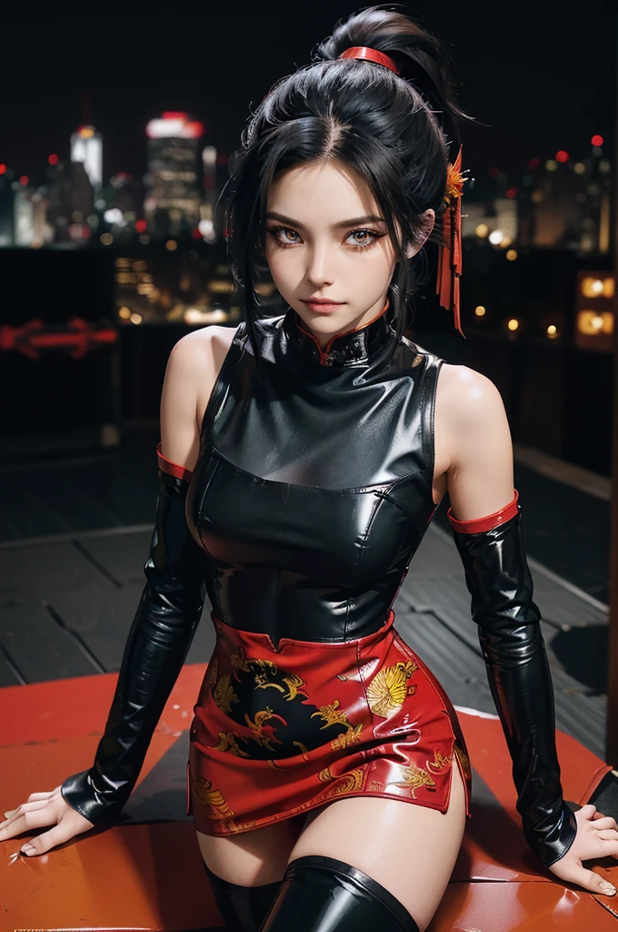 (RAW photo, best quality), Cute girl with short black hair, (ponytail), (city roof at night background), low light , dark eyeliner, innocent smile, gorgeous face , super cute, 18 years old , young looking, hyper detailed face, dark eyeliner, (medium breast), (thin waist, super slender), (bare shoulders, (exposed hips), skintight black and red PVC qipao short dress with yellow dragon decoration and vivid red patterns, deep black leather thigh high boots, black and red PVC arm sleeves with yellow flower decorations and vivid red patterns, cleavage, hands on waist, one leg in front of the other