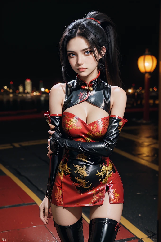 (RAW photo, best quality), Cute girl with short black hair, (ponytail), (city roof at night background), low light , dark eyeliner, innocent smile, gorgeous face , super cute, 18 years old , young looking, hyper detailed face, dark eyeliner, (medium breast), (thin waist, super slender), (bare shoulders, (exposed hips), skintight black and red PVC qipao short dress with yellow dragon decoration and vivid red patterns, deep black leather thigh high boots, black and red PVC arm sleeves with yellow flower decorations and vivid red patterns, cleavage, hands on waist, one leg in front of the other