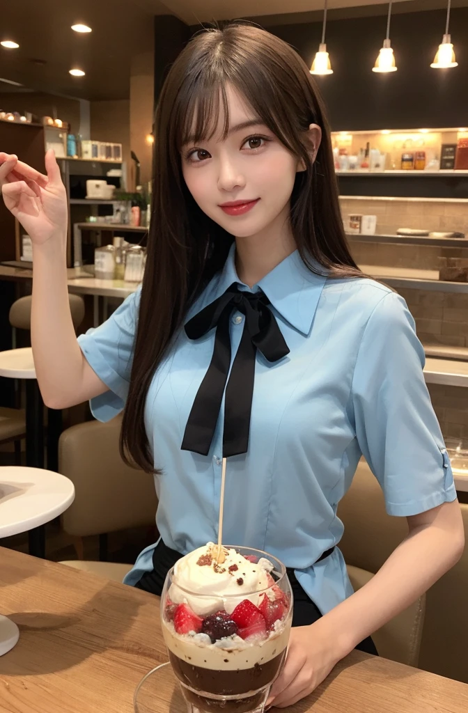 masutepiece, Best Quality, Illustration, Ultra-detailed, finely detail, hight resolution, 8K Wallpaper, Perfect dynamic composition, 1 beautiful girl, Beautiful detailed eyes, (looking at the parfait), girly blue blouse, Medium Hair, normal breasts, Natural Color Lip, Random Poses, Smile, open mouth:1.2, Snazzy cafe, 20 years girl, sit, a chocolate parfait in vertically elongated glass on the table,