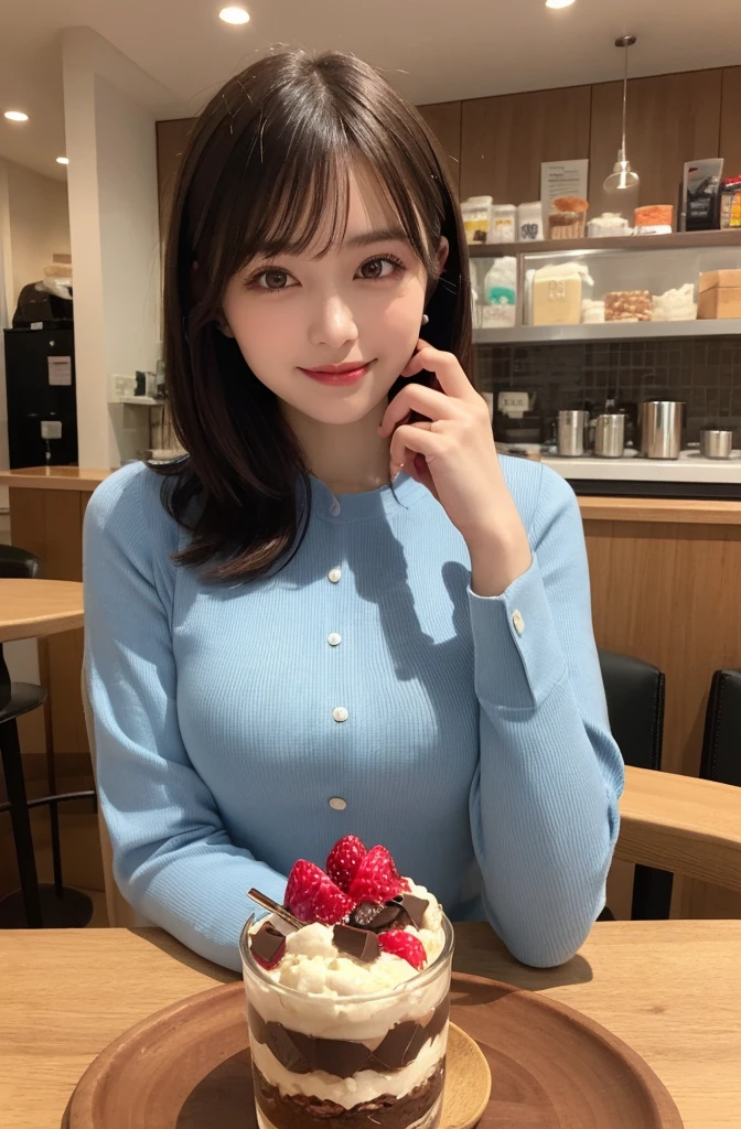 masutepiece, Best Quality, Illustration, Ultra-detailed, finely detail, hight resolution, 8K Wallpaper, Perfect dynamic composition, 1 beautiful girl, Beautiful detailed eyes, (looking at the parfait), girly blue blouse, Medium Hair, normal breasts, Natural Color Lip, Random Poses, Smile, open mouth:1.2, Snazzy cafe, 20 years girl, sit, a chocolate parfait in vertically elongated glass on the table,