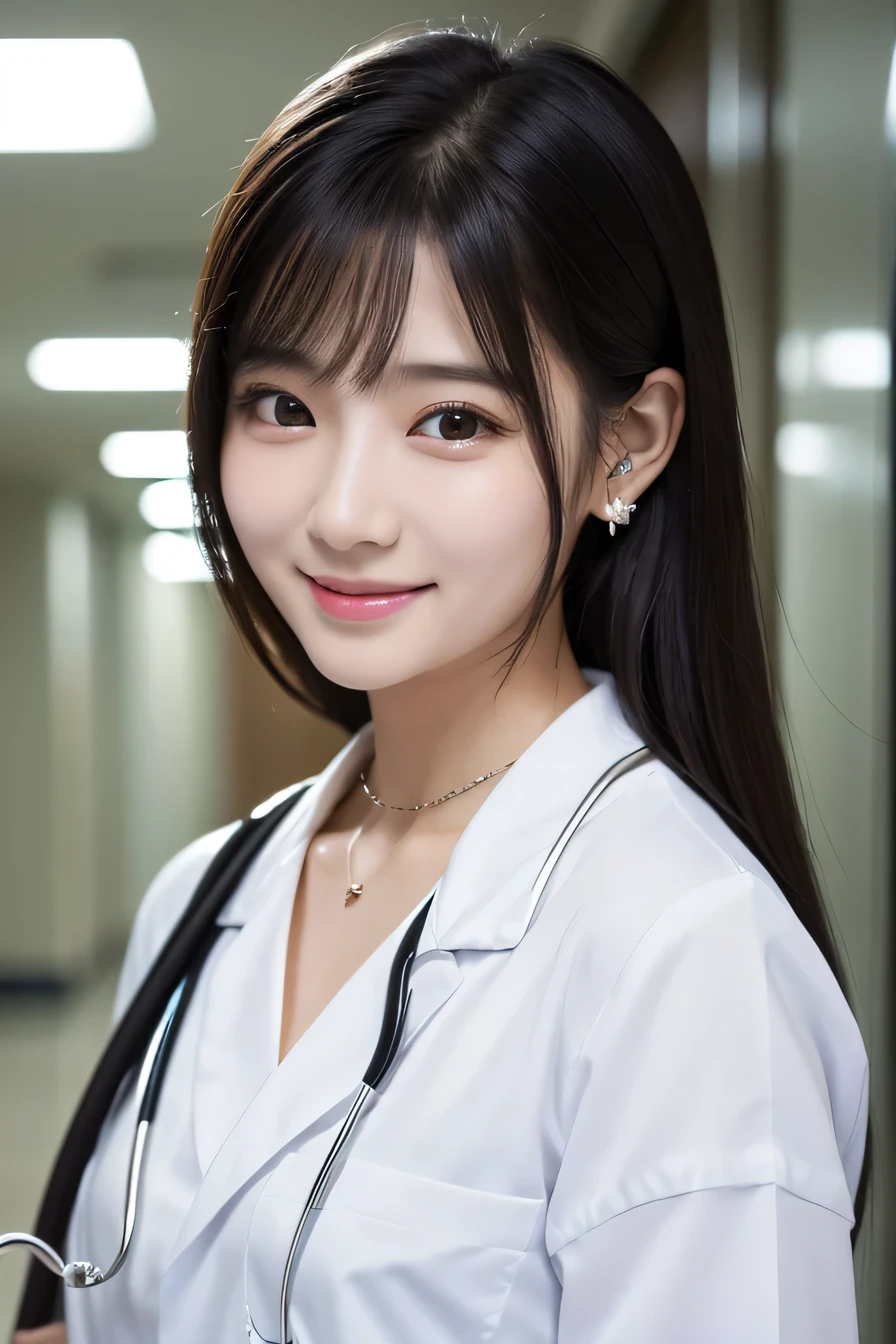 Beautiful young woman、 Korean women、Black Hair、Necklace around the neck、White、Stethoscope、hairstyle semi long、smile、Please open your mouth a little、Intricate details, Very detailed:1.2), 、 Looking into the camera,The background is a hospital corridor.、ear piercing

