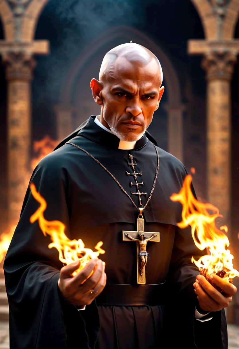 Create an image with an ultra realistic maromba muscular priest in cassock tearing up with so much muscle the priest has a face with an angry expression with a crucifix in his hand expelling demons with a fire background the desperate demon full hd