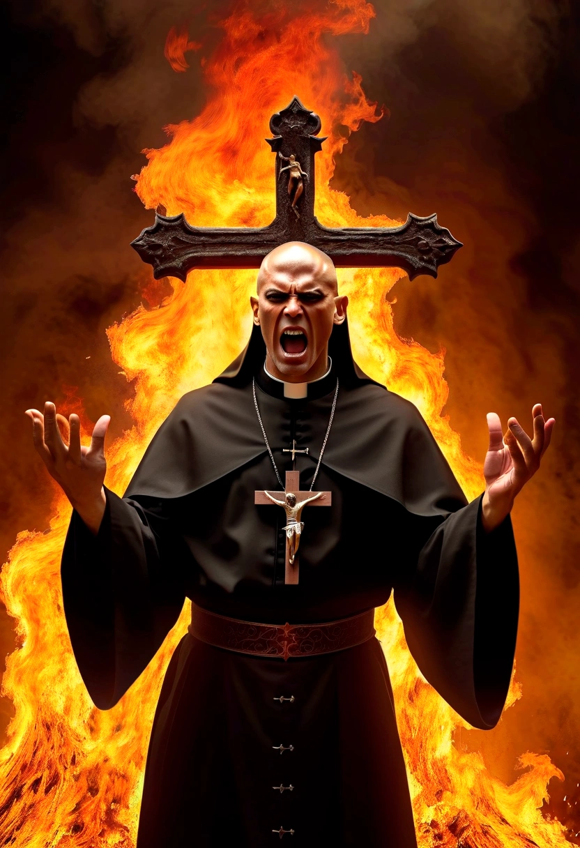 Create an image with an ultra realistic maromba muscular priest in cassock tearing up with so much muscle the priest has a face with an angry expression with a crucifix in his hand expelling demons with a fire background the desperate demon full hd