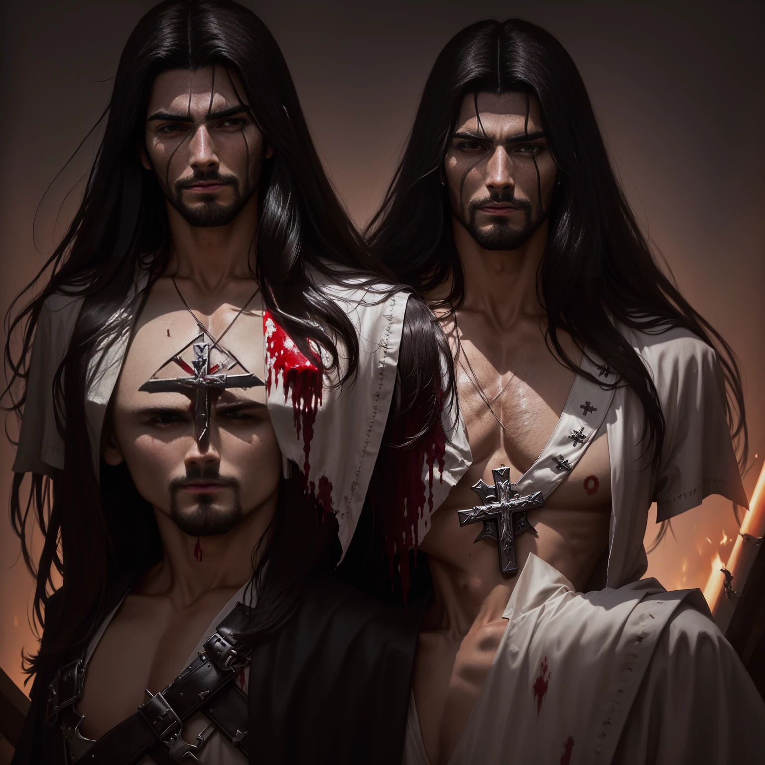 a close up of a cruzar with blood on it and a person holding a knife, Sacrilegious rite, Coberto de sangue, holy inquisition, Coberto de sangue, gigachad jesus, Christian, vencedor sortudo, Deus da morte, cyberpunk jesus cristo, crucifixo, cruzar, anticristo, crucifixoion, jesus on cruzar, alucard