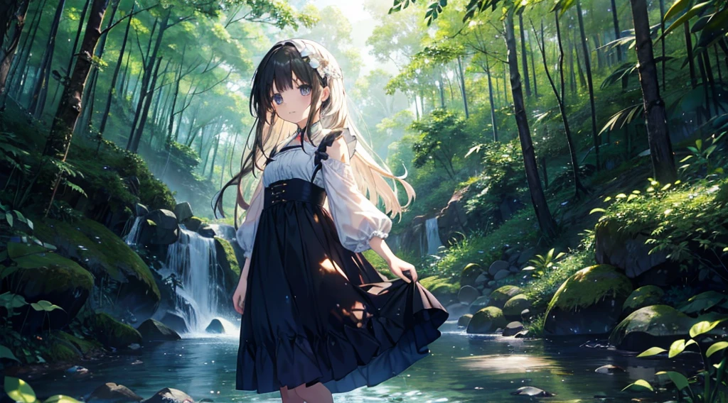 木の枝を通して光線と夕日に向かってforestの中を歩く白いdressの、1girl、solo、nature、dress、forest、Long Hair、白いdress、Outdoor、Water Play