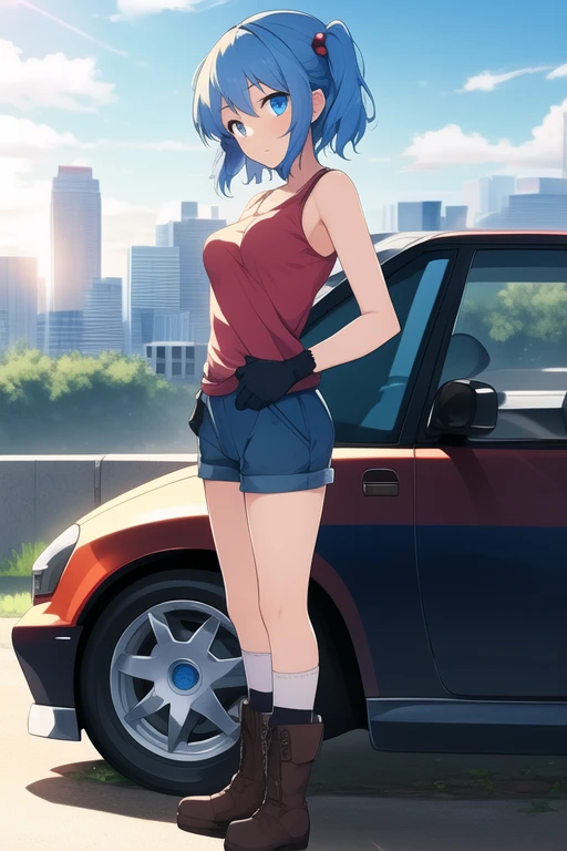 ((best quality)), ((masterpiece)), (detailed), 1girl, Touhou, Nitori Kawashiro, blue eyes, blue hair, blue female tank top, blue female shorts, mechanic gloves, mechanic boots, medium sized breasts, small city background, sun light, clear blue sky,  wide shot, full body