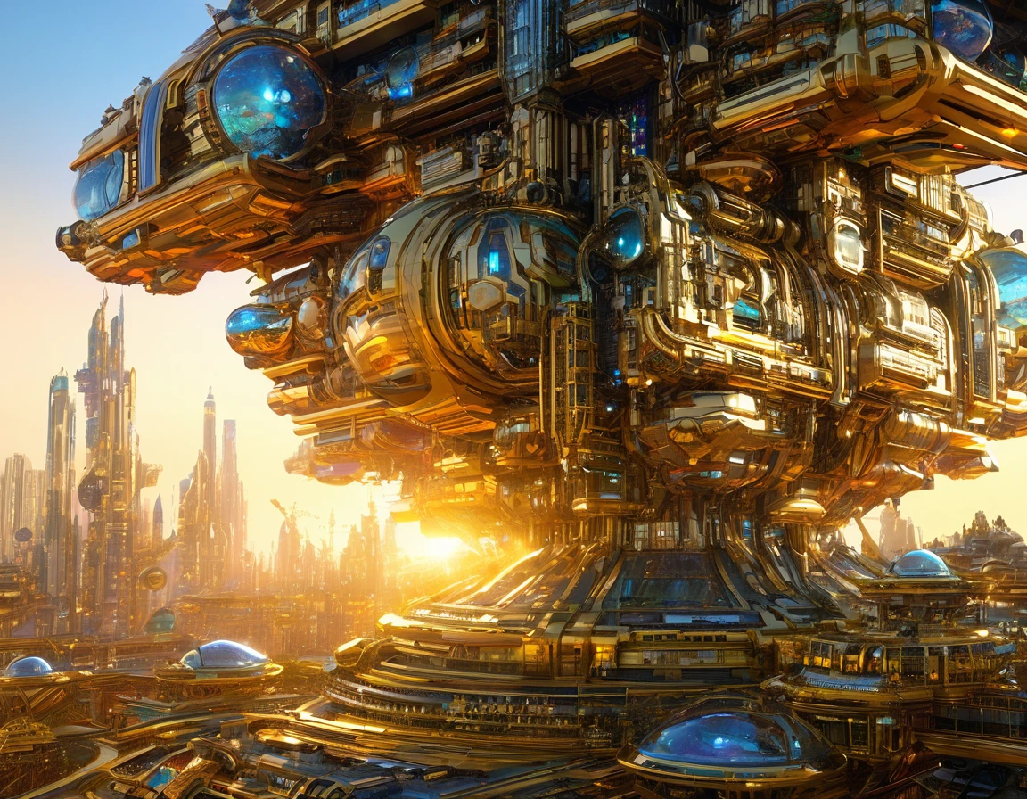 (golden hour lighting), megacity, megalopolis of an imaginary world of science fiction , parecido a una disneylandia futurista, and maximum fantasy, con inmensos edificios y rascacielos ovalados y dodecaedricos agrupados de metal y cristal donde predomina el diamante y los anuncios luminosos de colores. imagen bien definida 8k, (intrincados detalles de la maquina), con muchos edificios juntos.(obra maestra de superior calidad).(imagen fotorrealista), nitidez absoluta hasta el fondo