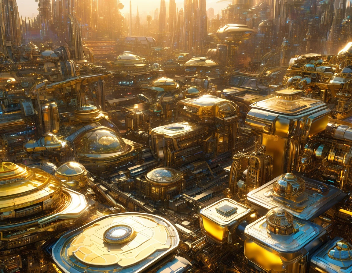 (golden hour lighting), megacity, megalopolis of an imaginary world of science fiction , parecido a una disneylandia futurista, and maximum fantasy, con inmensos edificios y rascacielos ovalados y dodecaedricos agrupados de metal y cristal donde predomina el diamante y los anuncios luminosos de colores. imagen bien definida 8k, (intrincados detalles de la maquina), con muchos edificios juntos.(obra maestra de superior calidad).(imagen fotorrealista), nitidez absoluta hasta el fondo