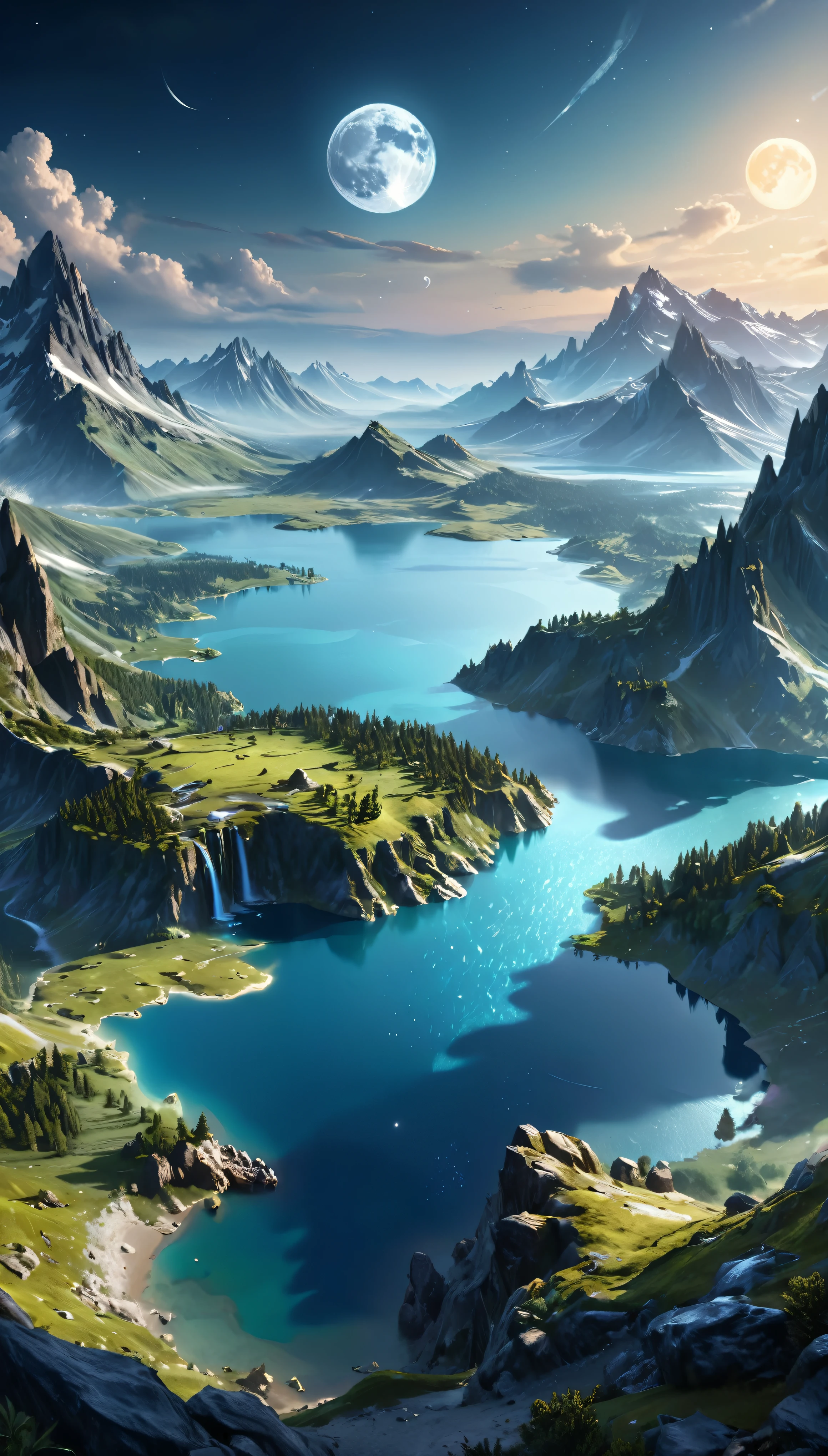 Mountains and lake with moon in the sky、highly detailed digital art in 4K、4K HD Wallpapers Highly detailed and impressive fantasy landscapes、Sci-Fi Fantasy Desktop Wallpaper、Unreal Engine 4K Wallpapers、4K detailed digital art、Sci-Fi Fantasy Wallpaper、Spectacular dreamy fantasy landscape、4K HD Matte Digital Painting、Stunning artwork in 8k