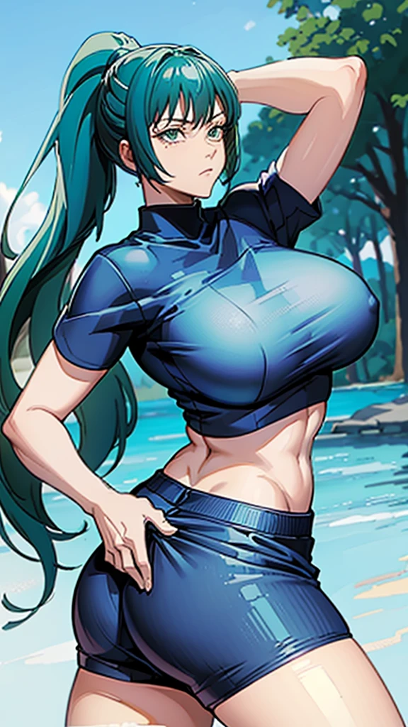 ((best quality)), ((masterpiece)), (detailed), perfect face, blue top, crop top, blue fitted dolphin shorts, huge breasts, huge ass , green hair, pony tail