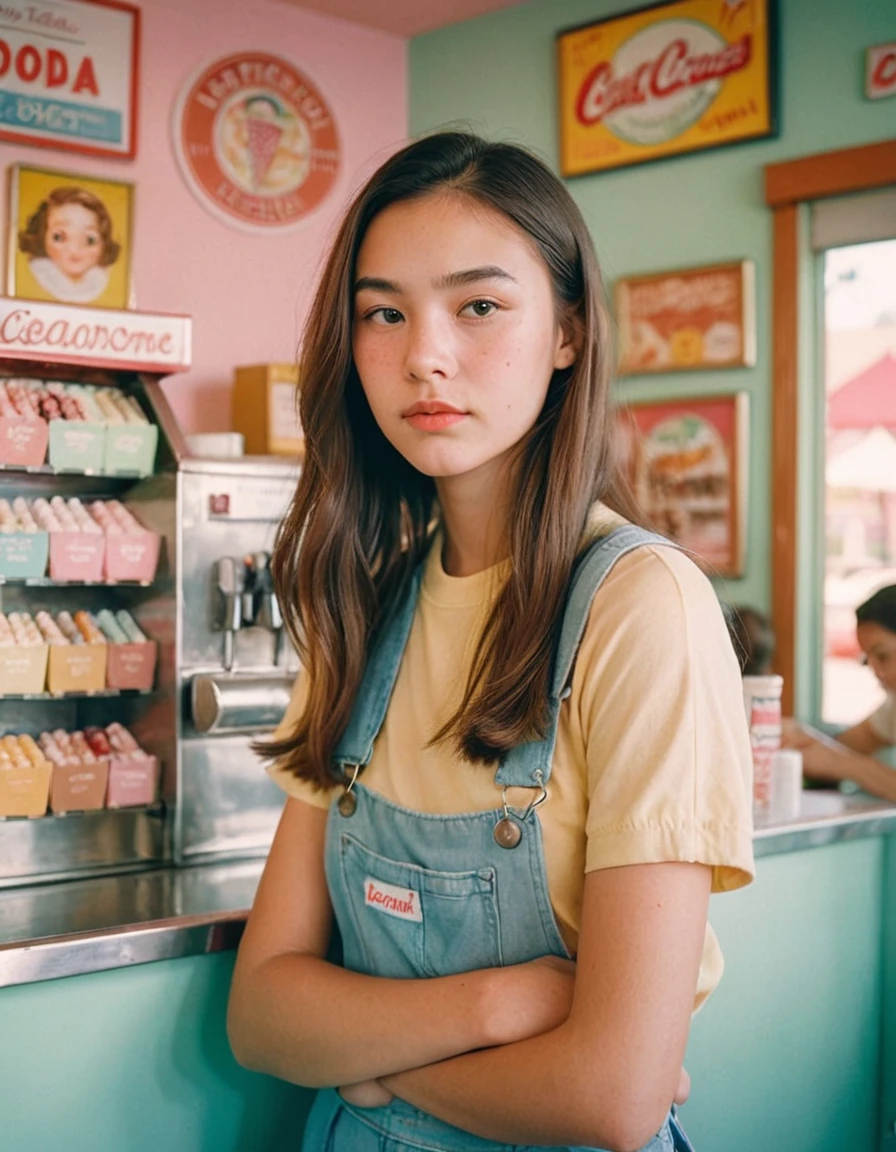 Portrait MagMix Girl looking at the camera, Long Hair, Overalls, A retro ice cream shop with pastel-colored walls, Classic Soda Fountain Counter, Vintage ice cream poster, bathed in warm sunlight, Analog Film Photography, Kodachrome.