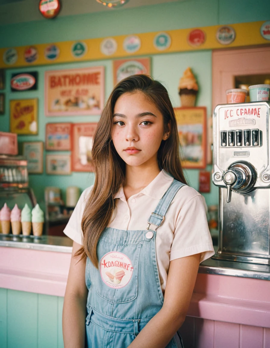 Portrait MagMix Girl looking at the camera, Long Hair, Overalls, A retro ice cream shop with pastel-colored walls, Classic Soda Fountain Counter, Vintage ice cream poster, bathed in warm sunlight, Analog Film Photography, Kodachrome.