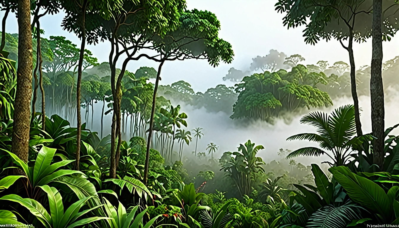 Tropical forest with fog, tropical island, realistic