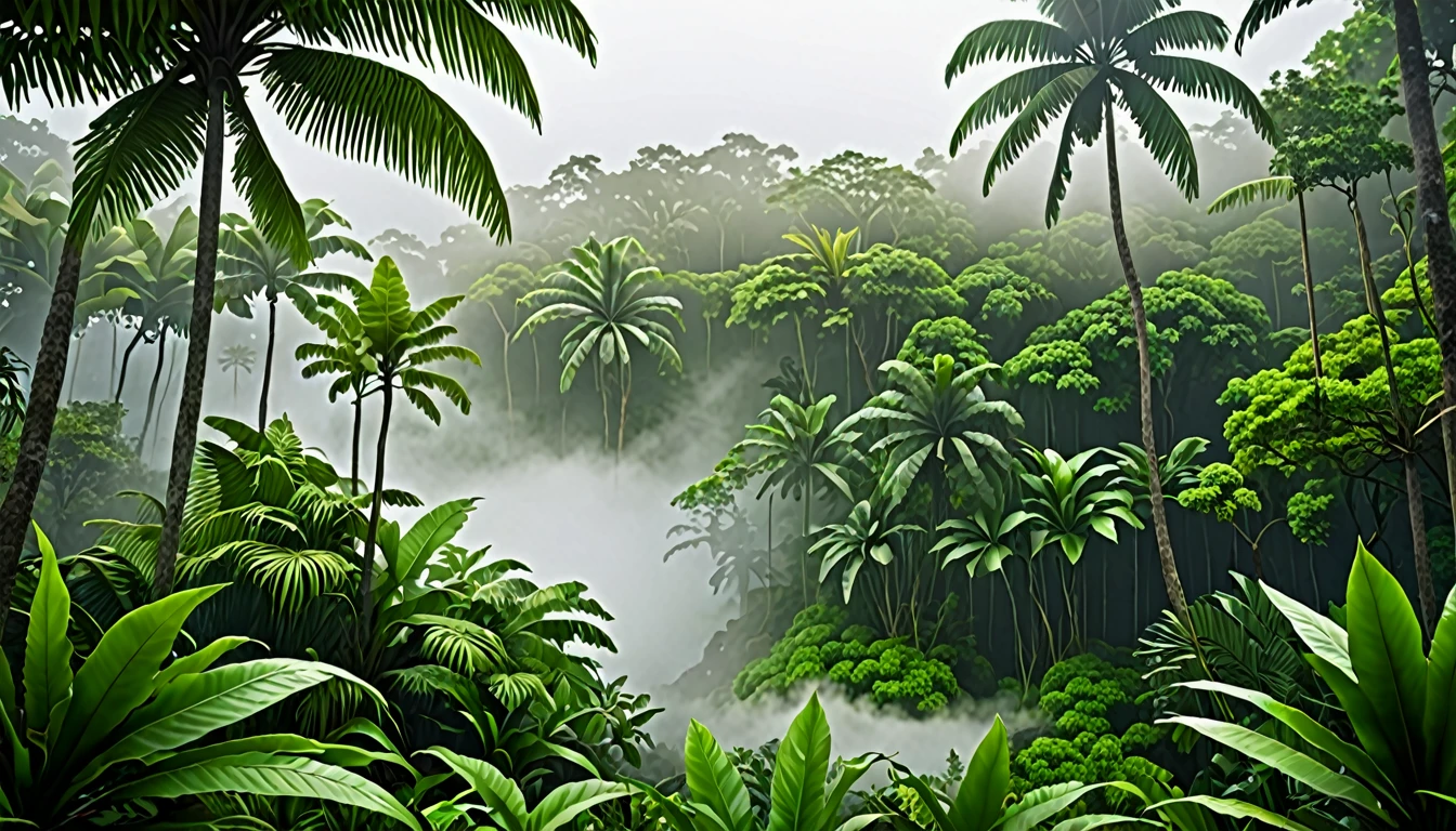 Tropical forest with fog, tropical island, realistic