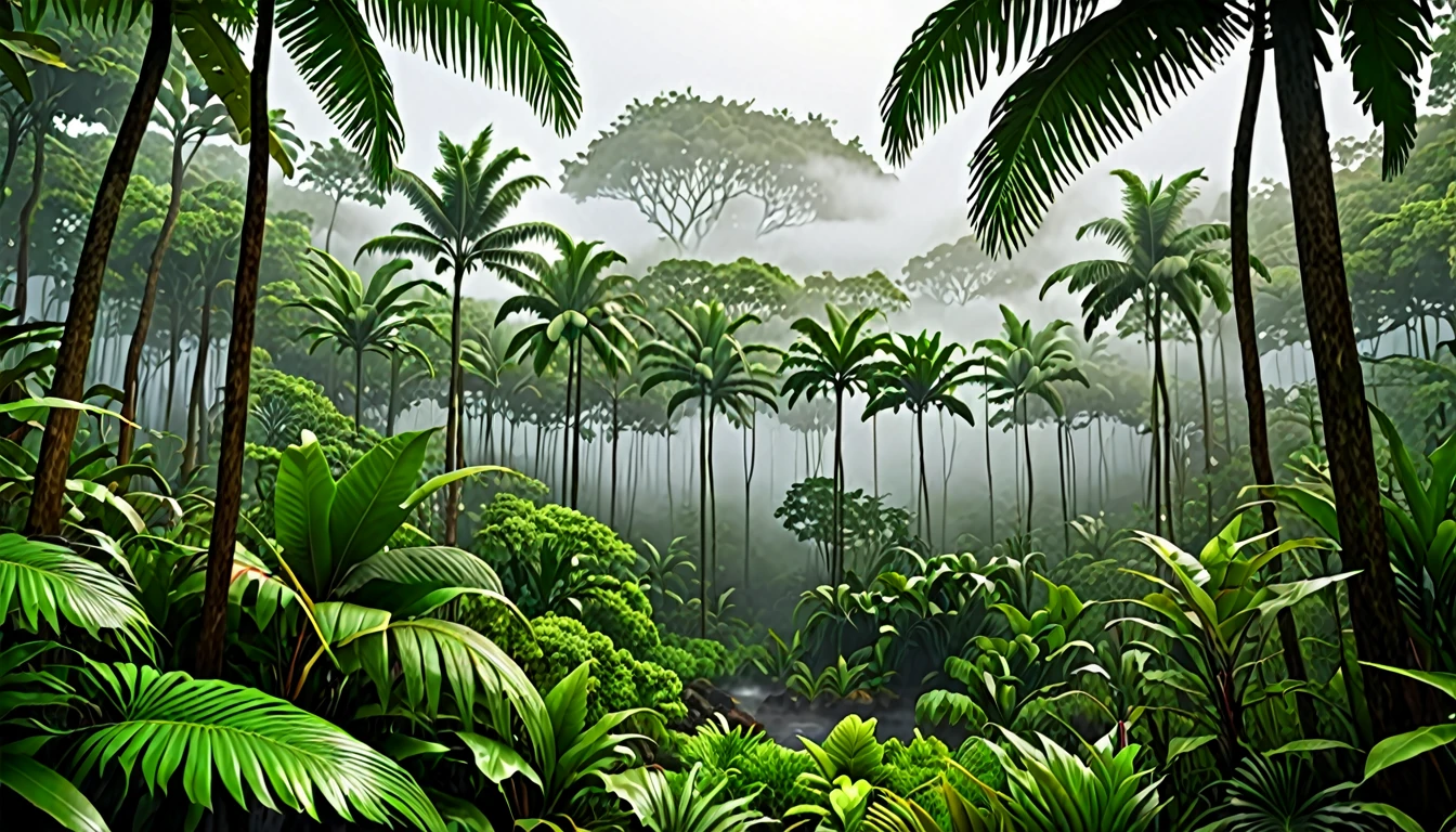 Tropical forest with fog, tropical island, realistic 