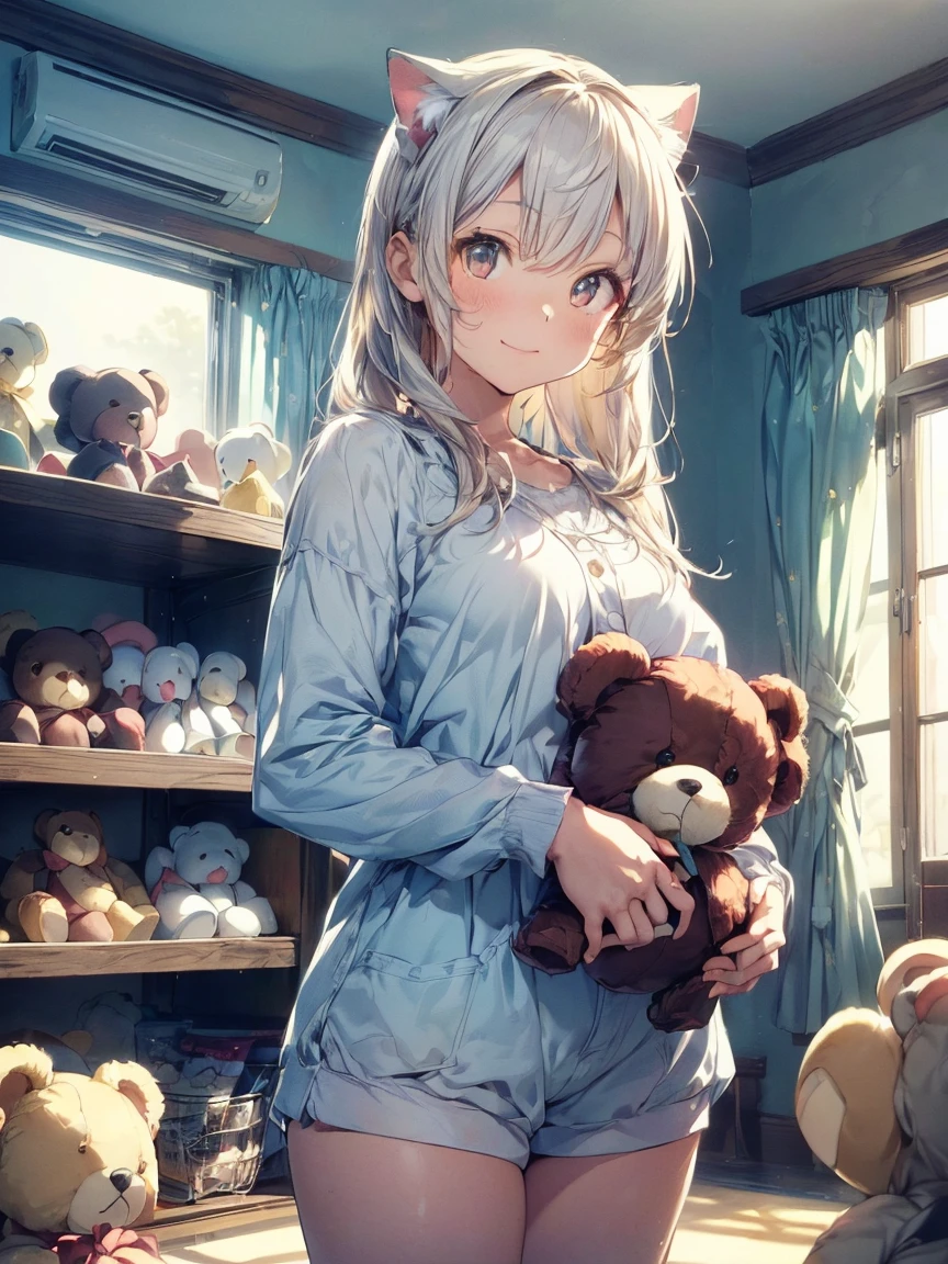 (((masterpiece))), (((Highest quality))), ((Very detailed)), ((Very detailedなイラスト)), ((Ultra-fine painting)), (16K Highest quality wallpaper:1.4), (Detailed and elaborate illustration style,:1.8) Detailed skin texture, High quality fabric, , (T-masterpiece), (Very detailedな顔:1.4), original, RAW Photos, Professional, Intricate details, Very detailed, Direct sunlight:1.6, ,(Cowboy Shot:1.9)、(Perfect Anatomy:1.4), (Extremely elaborate hands:1.2), (Very elaborate fingers:1.2), (Very elaborate fingers先:1.2),, (alone:1.6), (beautiful and adorable cat ears:1.6), (Intricate and delicate cat ears:1.4), (beautiful, Shiny white hair:1.6), (Very fine and delicate white hair:1.4),, (Very detailedな顔:1.4),(Light purple eyes:1.6),(smile:1.4),Cute 18 year old girl in polka dot pajamas, (((In a pink room full of teddy bears, Anime-style images,(((holding a teddy bear)))
