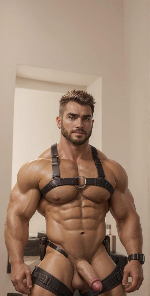 1boy, European, solo, facial hair,55 yrs old, dom, male focus, flaccid penis,dom, pectorals, bara, muscular, mature male, muscular male, abs, beard, ring nipples, chest harness, short hair, navel, stomach, large pectorals, thick eyebrows, bare pectorals, fair-skinned male, erection, thighs, erection under clothes, suit, tan skin, kevlar soldier suit, cybernetic bodysuit, open leather, pectoral cleavage, cowboy shot, feet out of frame, thick thighs, looking at viewer, masterpiece, 4k, high quality, highres, absurdres,