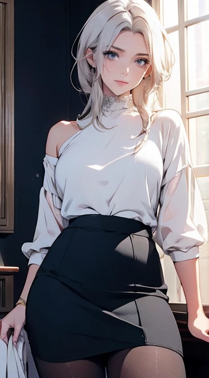 (melhor qualidade,ultra-detalhado,illustration,Obra de arte:1.2), 1 mulher, Maduro, detailed facial features, cabelo solto, serene expression, elegante , confortable clothes, soft lighting, cores vibrantes, peaceful atmosphere, skirt to the waist, wearing pantyhose, seios largos, magra
