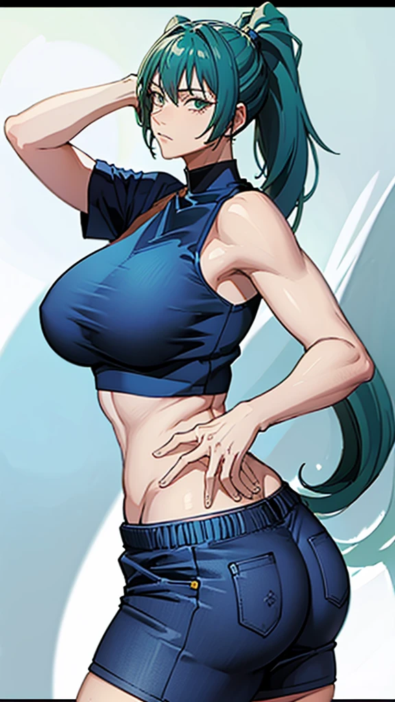 ((best quality)), ((masterpiece)), (detailed), perfect face, blue top, crop top, blue fitted dolphin shorts, huge breasts, huge ass , green hair, pony tail