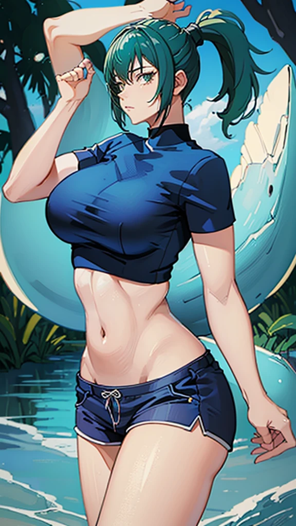 ((best quality)), ((masterpiece)), (detailed), perfect face, blue top, crop top, blue fitted dolphin shorts, huge breasts, huge ass , green hair, pony tail