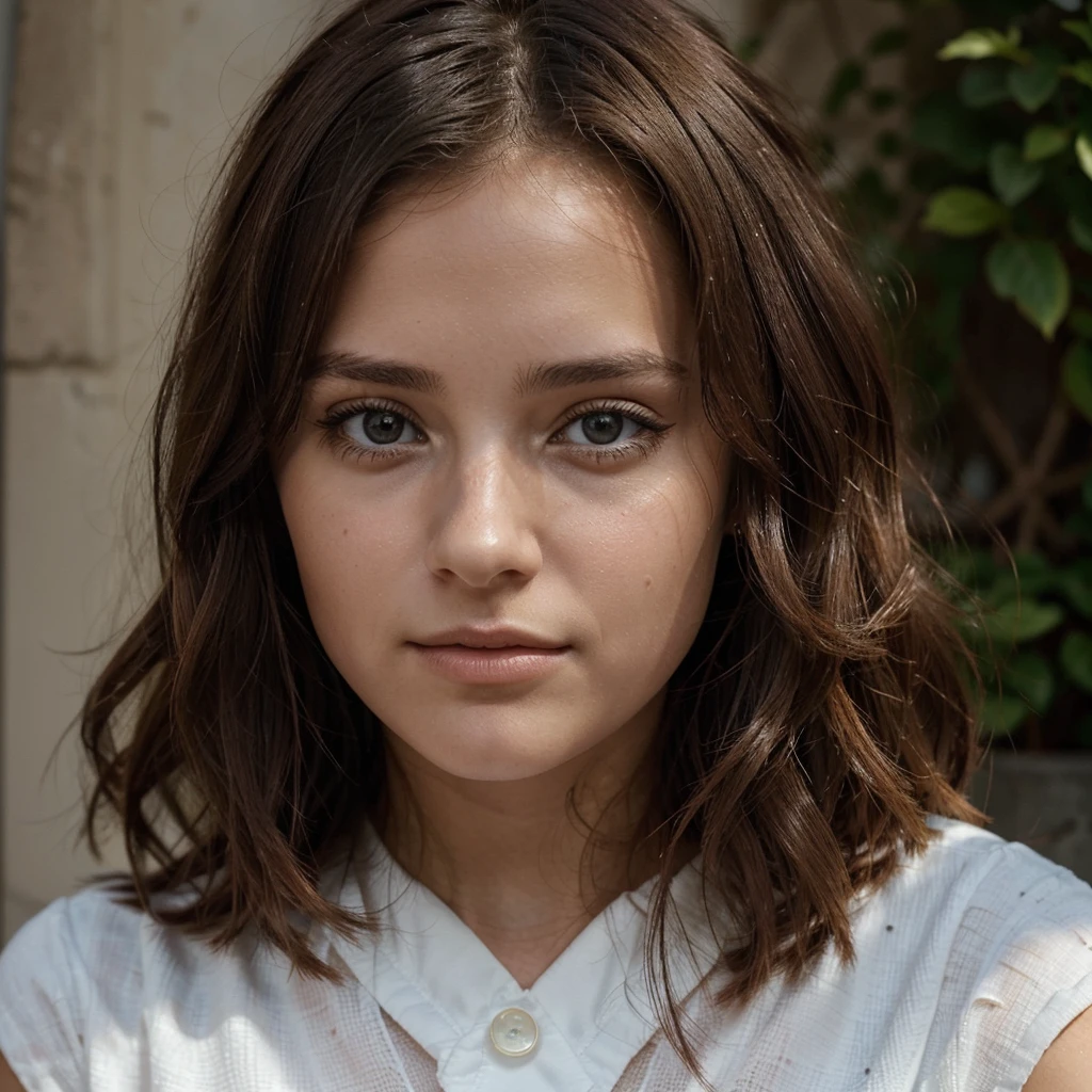 Crée une image hyper-réaliste d'une jeune fille brune pour un post Instagram. Elle doit avoir l'air naturelle et authentique, avec une peau nette et des traits réalistes. Her hairstyle must be modern, Slightly wavy, and his eyes must be expressive, capturant une expression douce et sincère. Assure-toi que l'éclairage et les ombres sont bien équilibrés pour renforcer le réalisme de l'image.