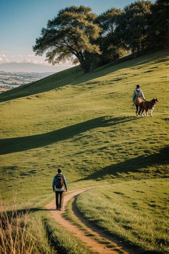 Help me create an image of a  walking on the hill accompanied by his faithful friend the dog