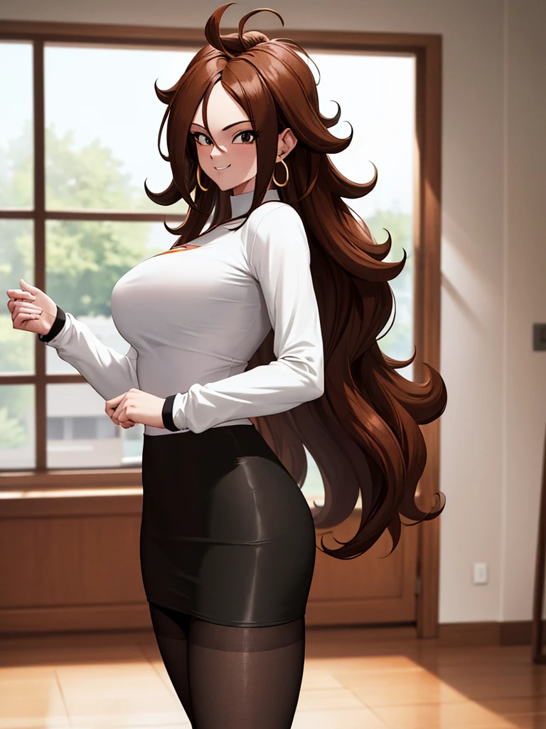 masterpiece, best quality, highres, aaandro, black g-string, brown hair, long hair, curly hair, hoop earrings, wearing a white tshirt, long sleeves, black pencil skirt, black pantyhose, dragon ball, indoors, room, standing, cowboy shot, smile, big window in the background,