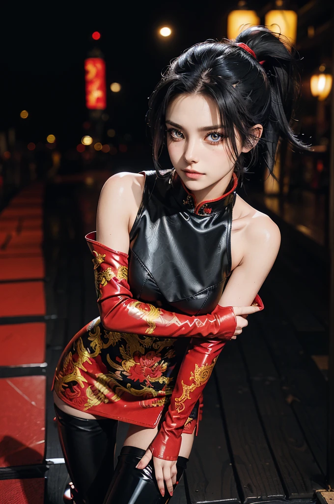 (RAW photo, best quality), Cute girl with short black hair, (ponytail), (city roof at night background), low light , dark eyeliner, innocent smile, gorgeous face , super cute, 18 years old , young looking, hyper detailed face, dark eyeliner, (medium breast), (thin waist, super slender), (bare shoulders, (exposed hips), skintight black and red PVC qipao short dress with yellow dragon decoration and vivid red patterns, deep black leather thigh high boots, black and red PVC arm sleeves with yellow flower decorations and vivid red patterns, cleavage, hands on waist, one leg in front of the other