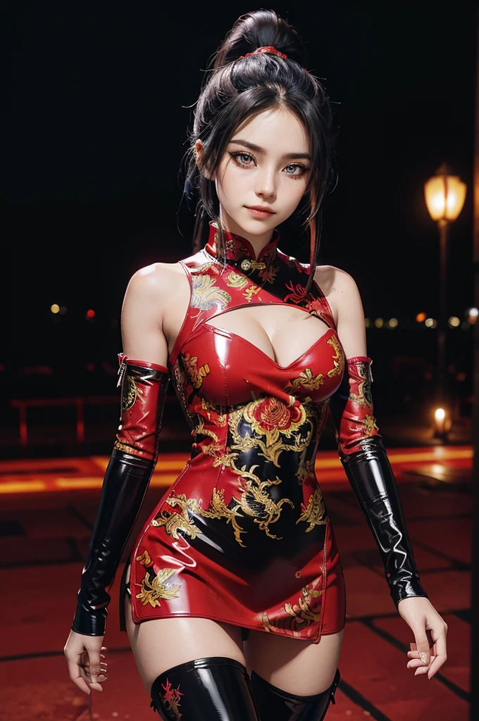 (RAW photo, best quality), Cute girl with short black hair, (ponytail), (city roof at night background), low light , dark eyeliner, innocent smile, gorgeous face , super cute, 18 years old , young looking, hyper detailed face, dark eyeliner, (medium breast), (thin waist, super slender), (bare shoulders, (exposed hips), skintight black and red PVC qipao short dress with yellow dragon decoration and vivid red patterns, deep black leather thigh high boots, black and red PVC arm sleeves with yellow flower decorations and vivid red patterns, cleavage, hands on waist, one leg in front of the other