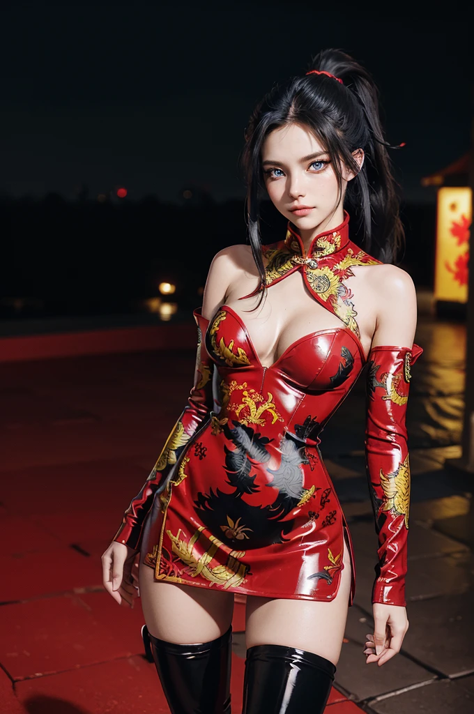 (RAW photo, best quality), Cute girl with short black hair, (ponytail), (city roof at night background), low light , dark eyeliner, innocent smile, gorgeous face , super cute, 18 years old , young looking, hyper detailed face, dark eyeliner, (medium breast), (thin waist, super slender), (bare shoulders, (exposed hips), skintight black and red PVC qipao short dress with yellow dragon decoration and vivid red patterns, deep black leather thigh high boots, black and red PVC arm sleeves with yellow flower decorations and vivid red patterns, cleavage, hands on waist, one leg in front of the other