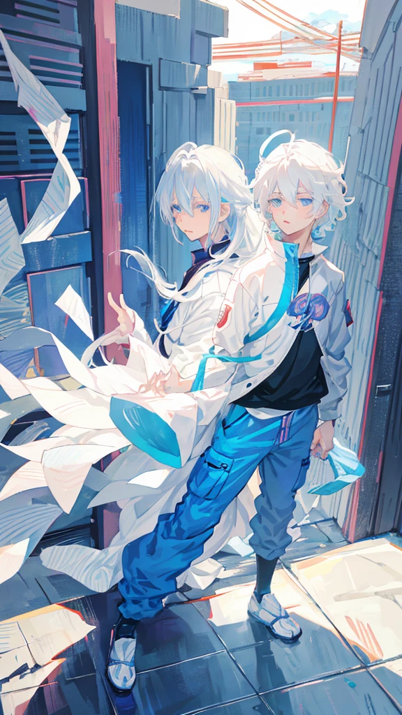 anime boy with white hair and blue eyes staring at the camera, tall anime guy with blue eyes, kaworu nagisa, young anime man, white haired, male anime character, anime boy, white-haired, nagito komaeda, anime handsome man, male anime style, cute natural anime face, hajime yatate, anime character