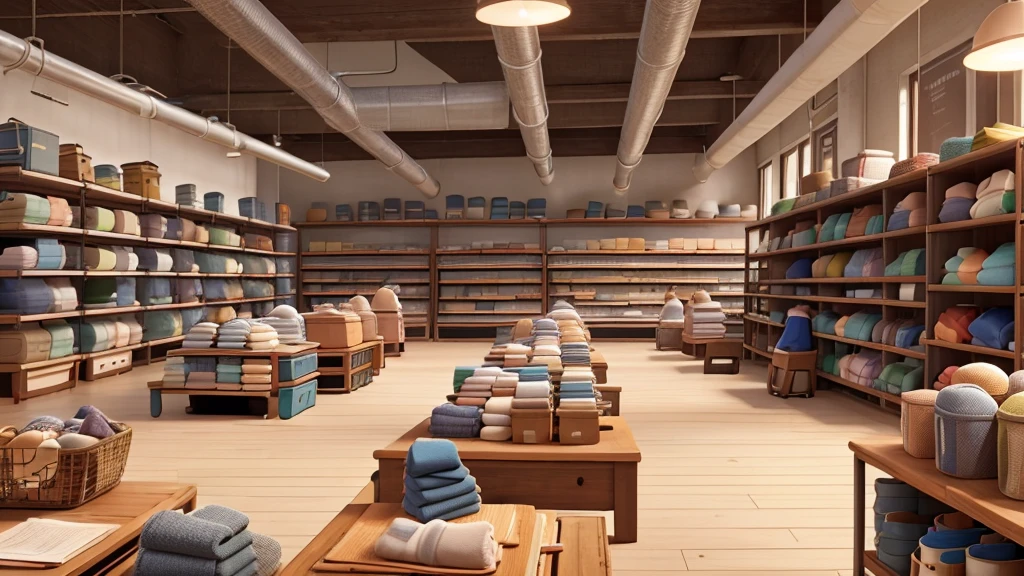 A sterile environment of the Dullsville Sock Emporium. A conveyor belt with a monotonous stream of gray socks. In the background, rows of shelves filled with stacks of neatly sorted beige socks.