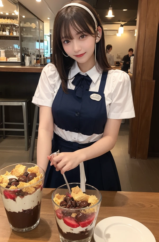 masutepiece, Best Quality, Illustration, Ultra-detailed, finely detail, hight resolution, 8K , Perfect dynamic composition, 1 beautiful girl staff, Beautiful detailed eyes, (looking at the parfait), wearing girly blue staff uniform, wearing headset, Medium Hair, normal breasts, Natural Color Lip, Random Poses, Smile, open mouth:1.2, Snazzy cafe, 20 years girl, sit, a chocolate parfait in vertically elongated glass on the table,