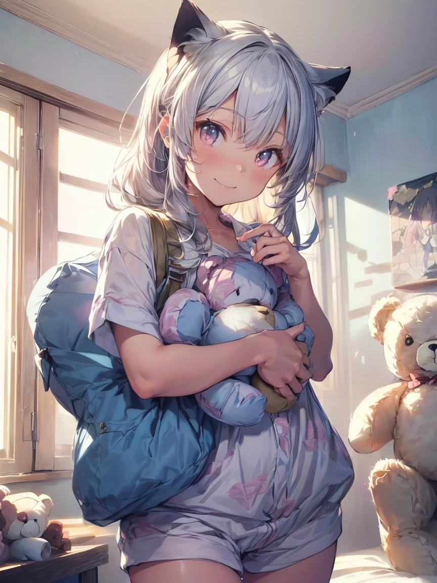 (((masterpiece))), (((Highest quality))), ((Very detailed)), ((Very detailedなイラスト)), ((Ultra-fine painting)), (16K Highest quality wallpaper:1.4), (Detailed and elaborate illustration style,:1.8) Detailed skin texture, High quality fabric, , (T-masterpiece), (Very detailedな顔:1.4), original, RAW Photos, Professional, Intricate details, Very detailed, Direct sunlight:1.6, ,(Cowboy Shot:1.9)、(Perfect Anatomy:1.4), (Extremely elaborate hands:1.2), (Very elaborate fingers:1.2), (Very elaborate fingers先:1.2),, (alone:1.6), (beautiful and adorable cat ears:1.6), (Intricate and delicate cat ears:1.4), (beautiful, Shiny white hair:1.6), (Very fine and delicate white hair:1.4),, (Very detailedな顔:1.4),(Light purple eyes:1.6),(smile:1.4),Cute 18 year old girl in polka dot pajamas, (((In a pink room full of teddy bears, Anime-style images,(((holding a teddy bear)))