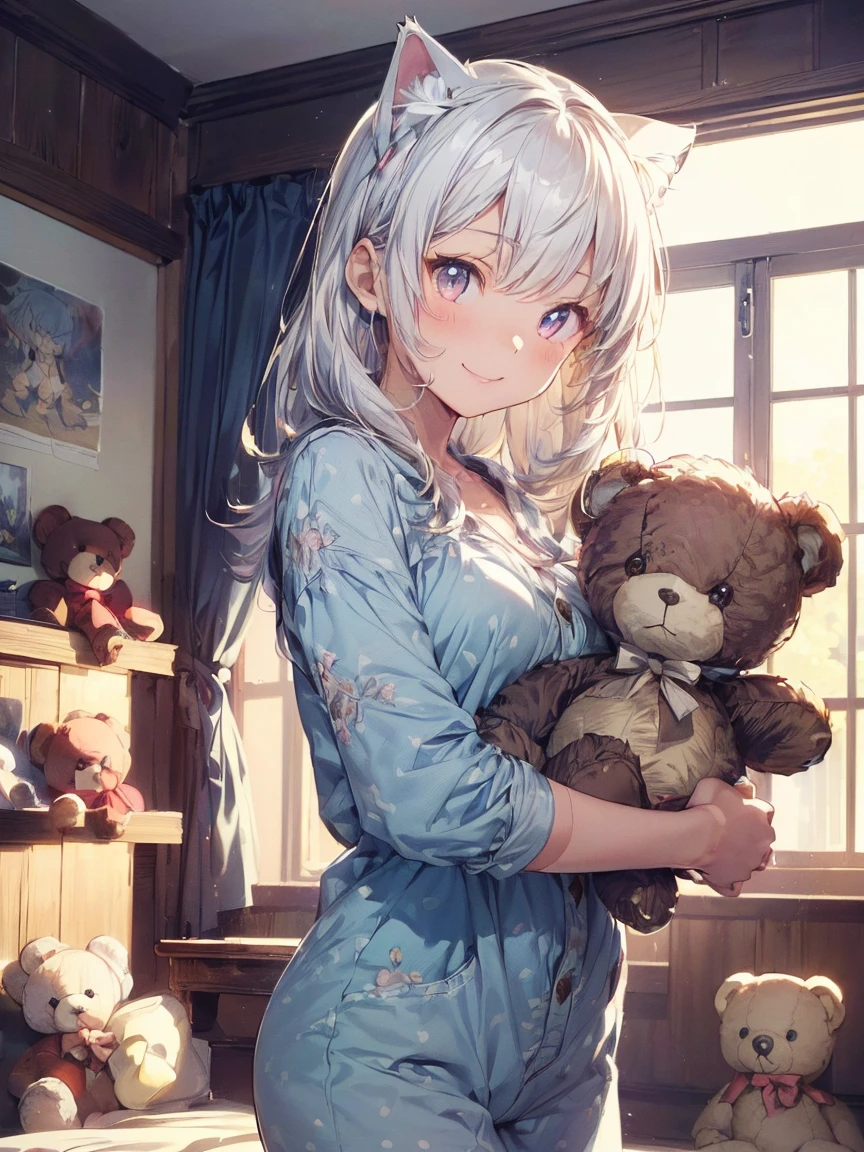 (((masterpiece))), (((Highest quality))), ((Very detailed)), ((Very detailedなイラスト)), ((Ultra-fine painting)), (16K Highest quality wallpaper:1.4), (Detailed and elaborate illustration style,:1.8) Detailed skin texture, High quality fabric, , (T-masterpiece), (Very detailedな顔:1.4), original, RAW Photos, Professional, Intricate details, Very detailed, Direct sunlight:1.6, ,(Cowboy Shot:1.9)、(Perfect Anatomy:1.4), (Extremely elaborate hands:1.2), (Very elaborate fingers:1.2), (Very elaborate fingers先:1.2),, (alone:1.6), (beautiful and adorable cat ears:1.6), (Intricate and delicate cat ears:1.4), (beautiful, Shiny white hair:1.6), (Very fine and delicate white hair:1.4),, (Very detailedな顔:1.4),(Light purple eyes:1.6),(smile:1.4),Cute 18 year old girl in polka dot pajamas, (((In a pink room full of teddy bears, Anime-style images,(((holding a teddy bear)))